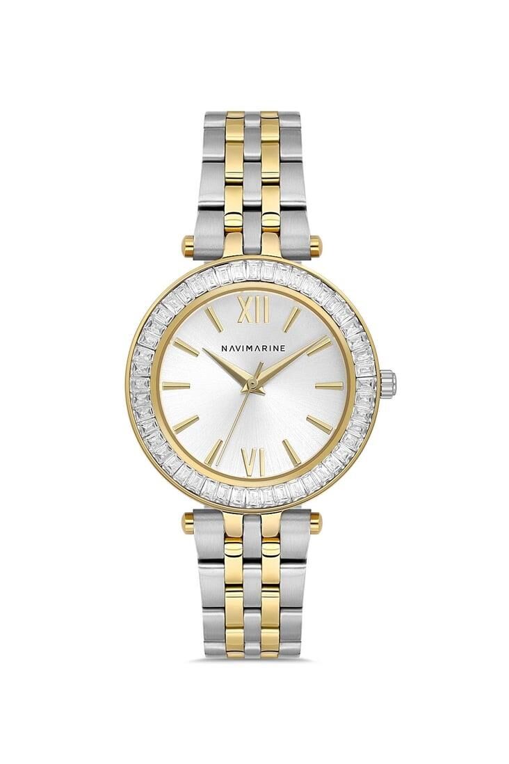 Navimarine NVM132-D1 Baget Taşlı Altın Sarı Gümüş Renk Çelik Kadın Kol Saati