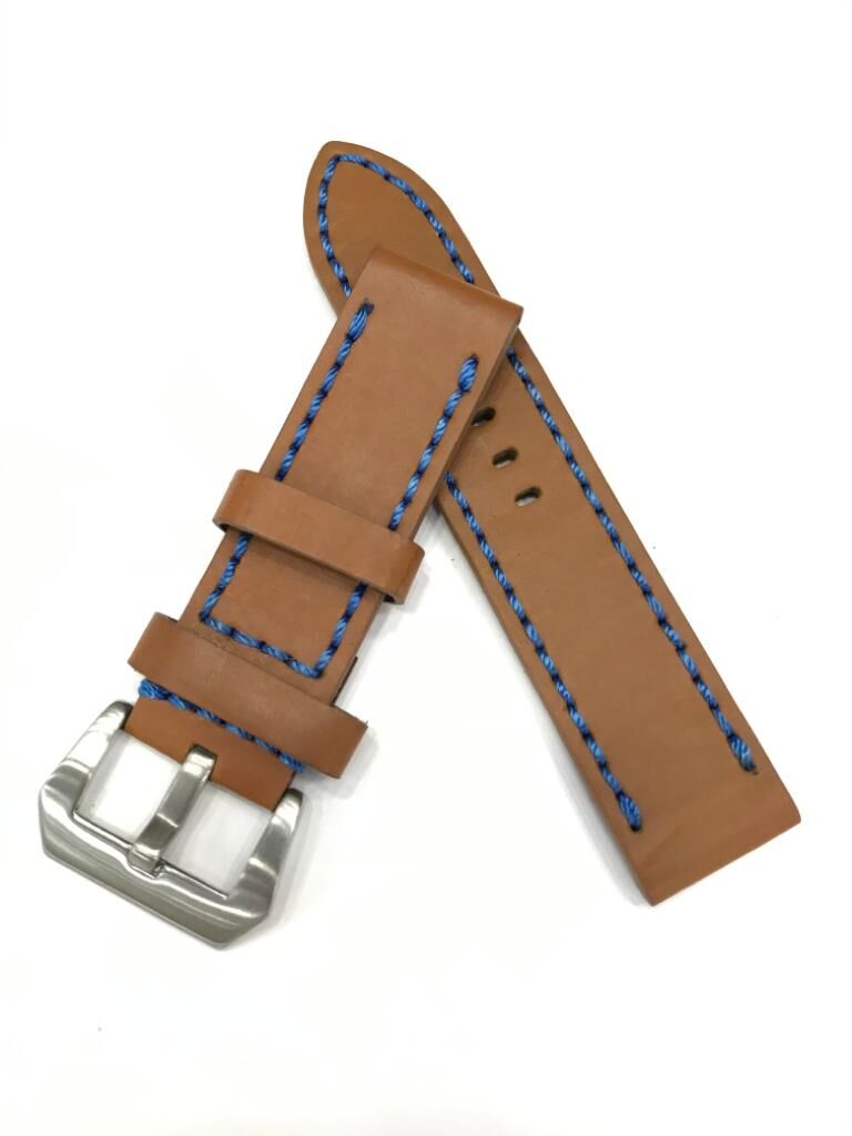24 mm Kahve Mavi Renk Kalın Dikişli Hakiki Deri Saat Kordonu Kayışı