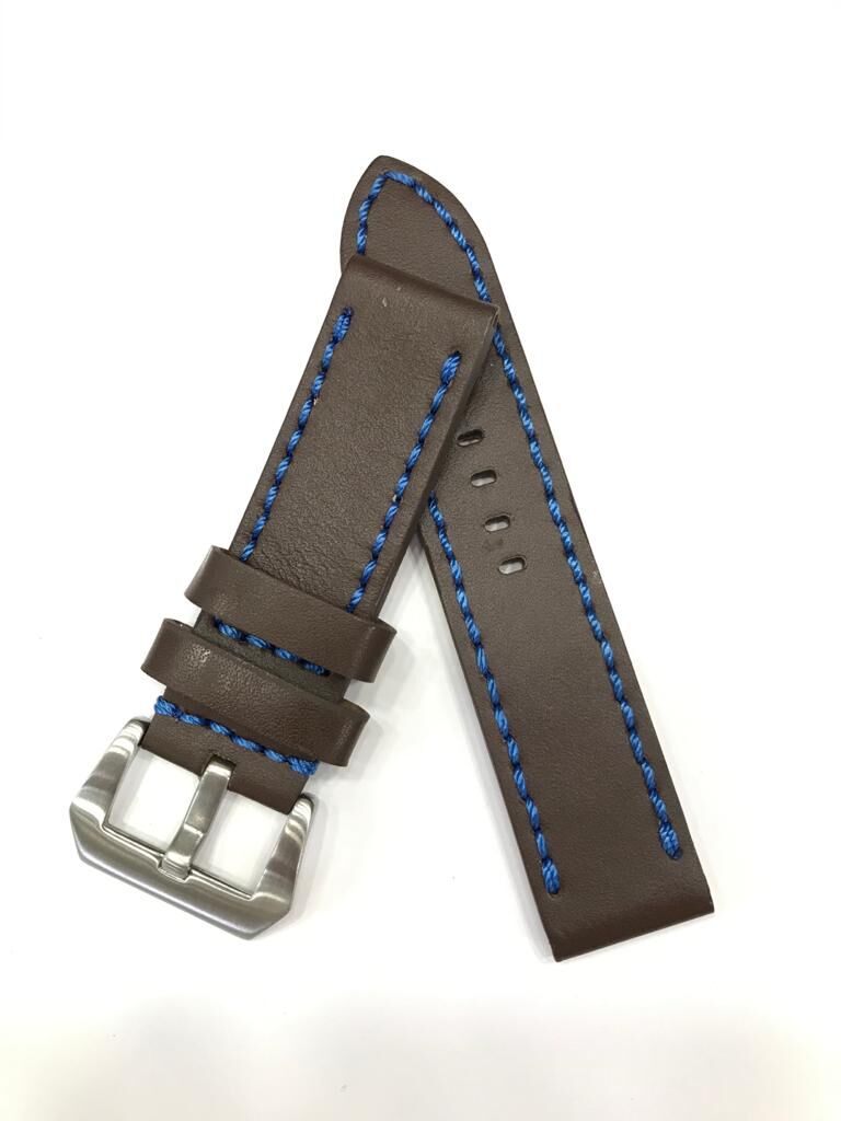 24 mm Kahve Mavi Renk Kalın Dikişli Hakiki Deri Saat Kordonu Kayışı