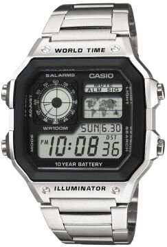 Casio AE-1200WHD-1AVDF ''Casio Royale'' Dünya Saatli Gümüş Çelik Dijital Erkek Kol Saati