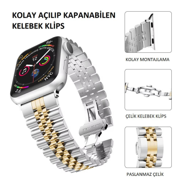 22 mm Jubile Tasarım Paslanmaz Çelik Saat Kordonu Apple Watch Uyumlu Sarı Gümüş
