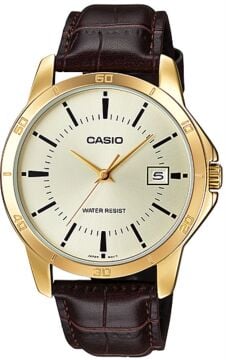 Casio MTP-V004GL-9AUDF Altın Tonlu Kasa Kahverengi Deri Kordon Klasik Erkek Kol Saati