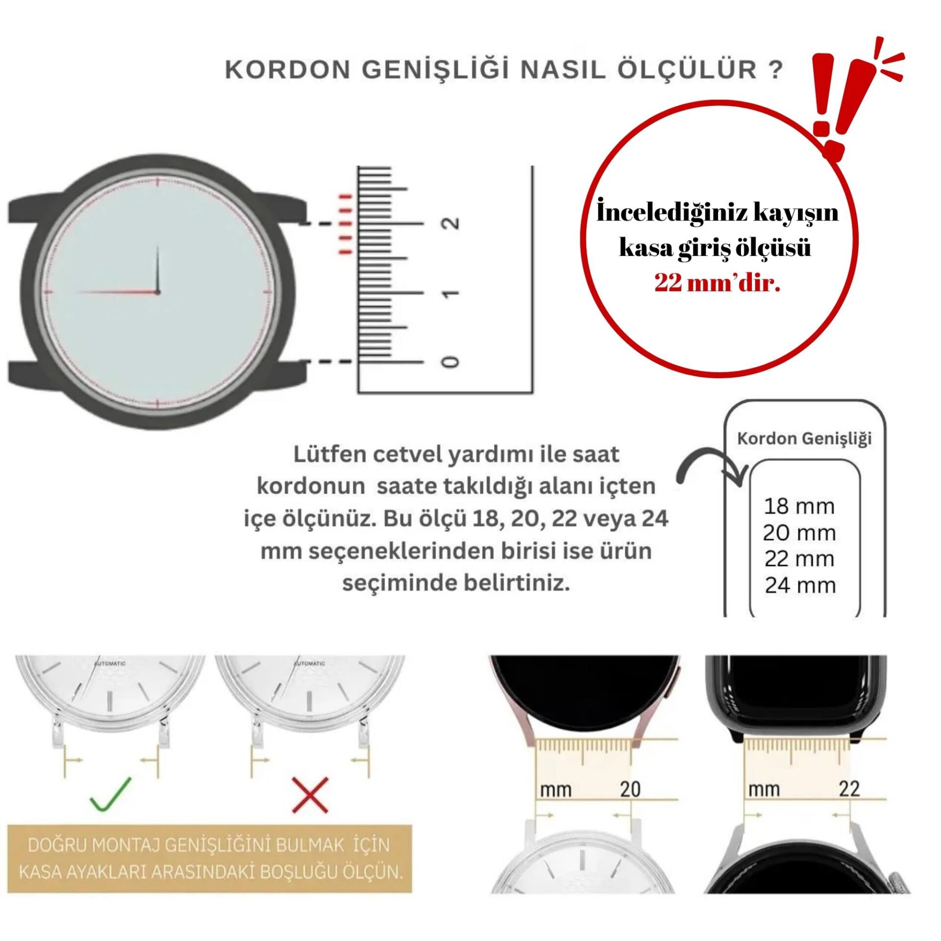 22 mm Renkli Üst Kalite İşçilik Hakiki Deri Saat Kordonu Akıllı Saat Kordonu Siyah