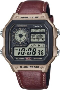 Casio AE-1200WHL-5AVDF ''Casio Royale'' Bronz Kasa Kahverengi Deri Kordon Dijital Erkek Kol Saati