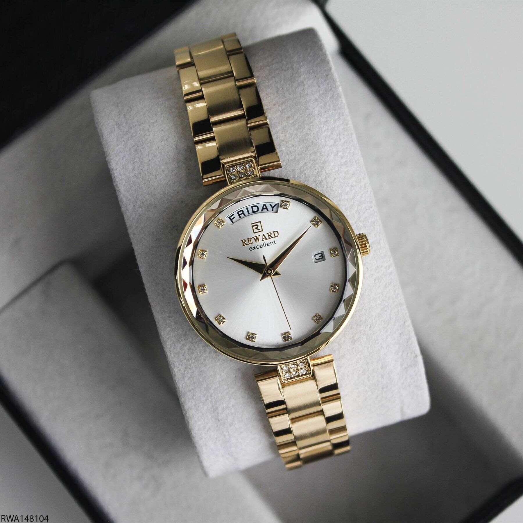Reward RWA148104 Beyaz Kadran Gün ve Tarih Göstergeli Altın Renk Kadın Kol Saati