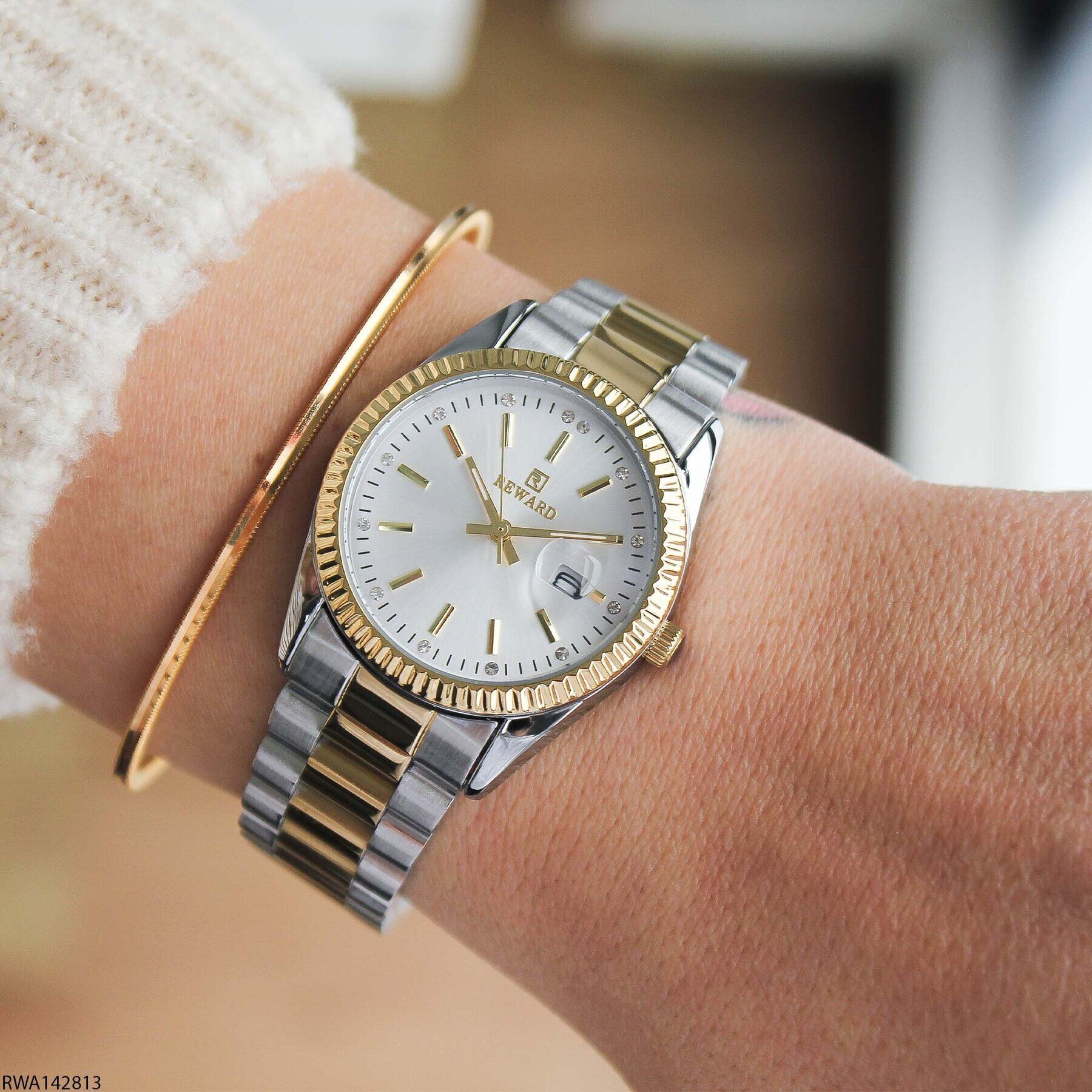 Reward RWA142813 Gümüş Kadran Tırtıklı Bezel Çift Renk Kadın Kol Saati