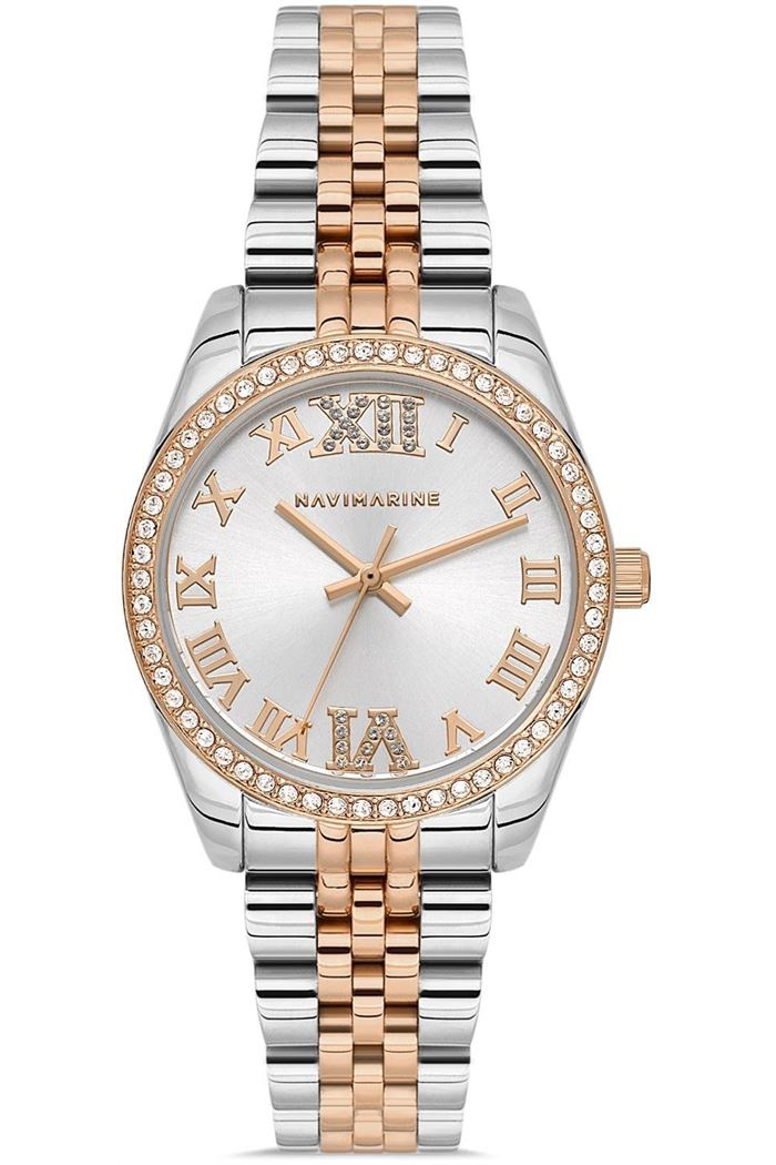 Navimarine NMM1007-05 Taşlı Bezel Rose Gold Çift Renk Kadın Kol Saati