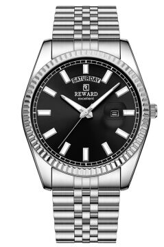 Reward RWA147113 Siyah Kadran Tırtıklı Bezel Gün ve Tarih Göstergeli Çelik Erkek Saati