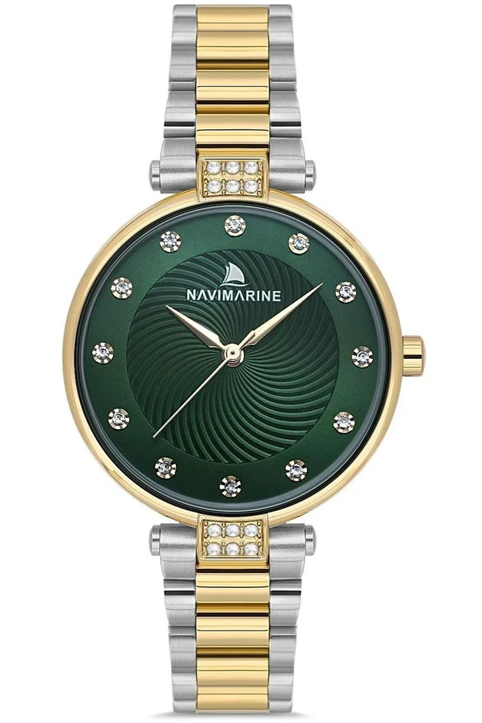 Navimarine NM223-04 Girdap Desenli Yeşil Kadran Taşlı Çift Renk Kadın Saati