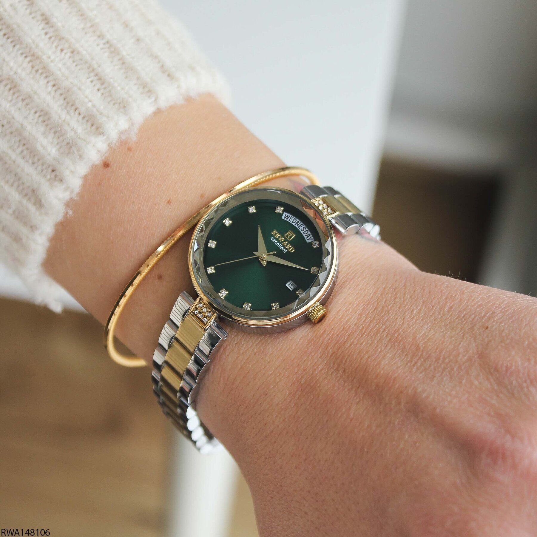 Reward RWA148106 Yeşil Kadran Gün ve Tarih Göstergeli Çift Renk Kadın Kol Saati