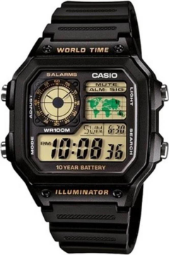 Casio AE-1200WH-1BVDF ''Casio Royale'' Dünya Saatli Siyah Silikon Kordon Dijital Erkek Kol Saati